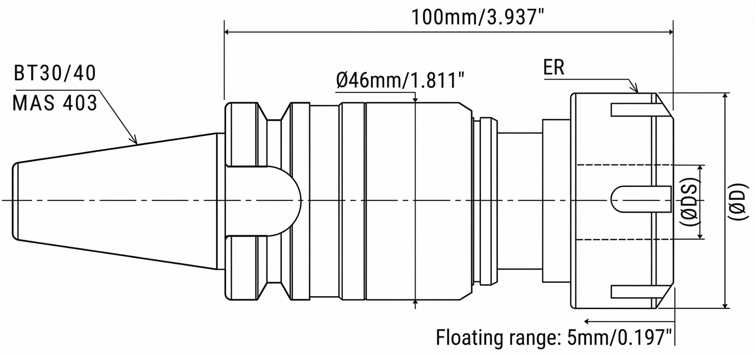 UFIBER BT30 and BT40 Floating Damper technical drawing