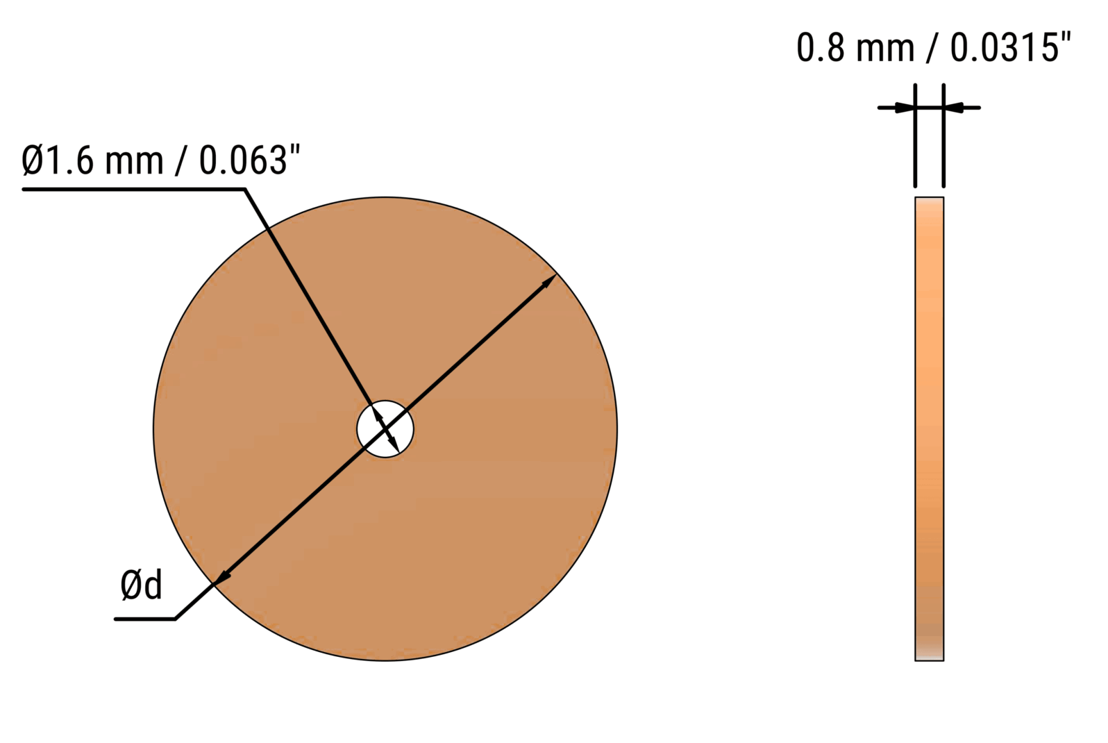 UFIBER Radial Ceramic Fiber Disc dimensional drawing: Ød, 0.8 mm thickness, Ø1.6 mm center hole