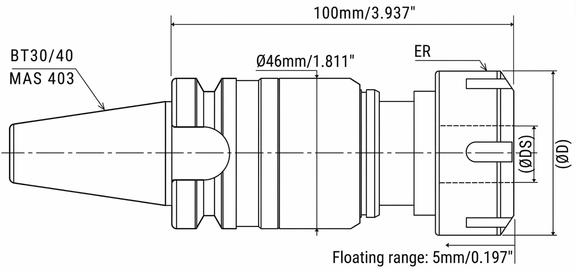 UFIBER BT30 and BT40 Floating Damper technical drawing