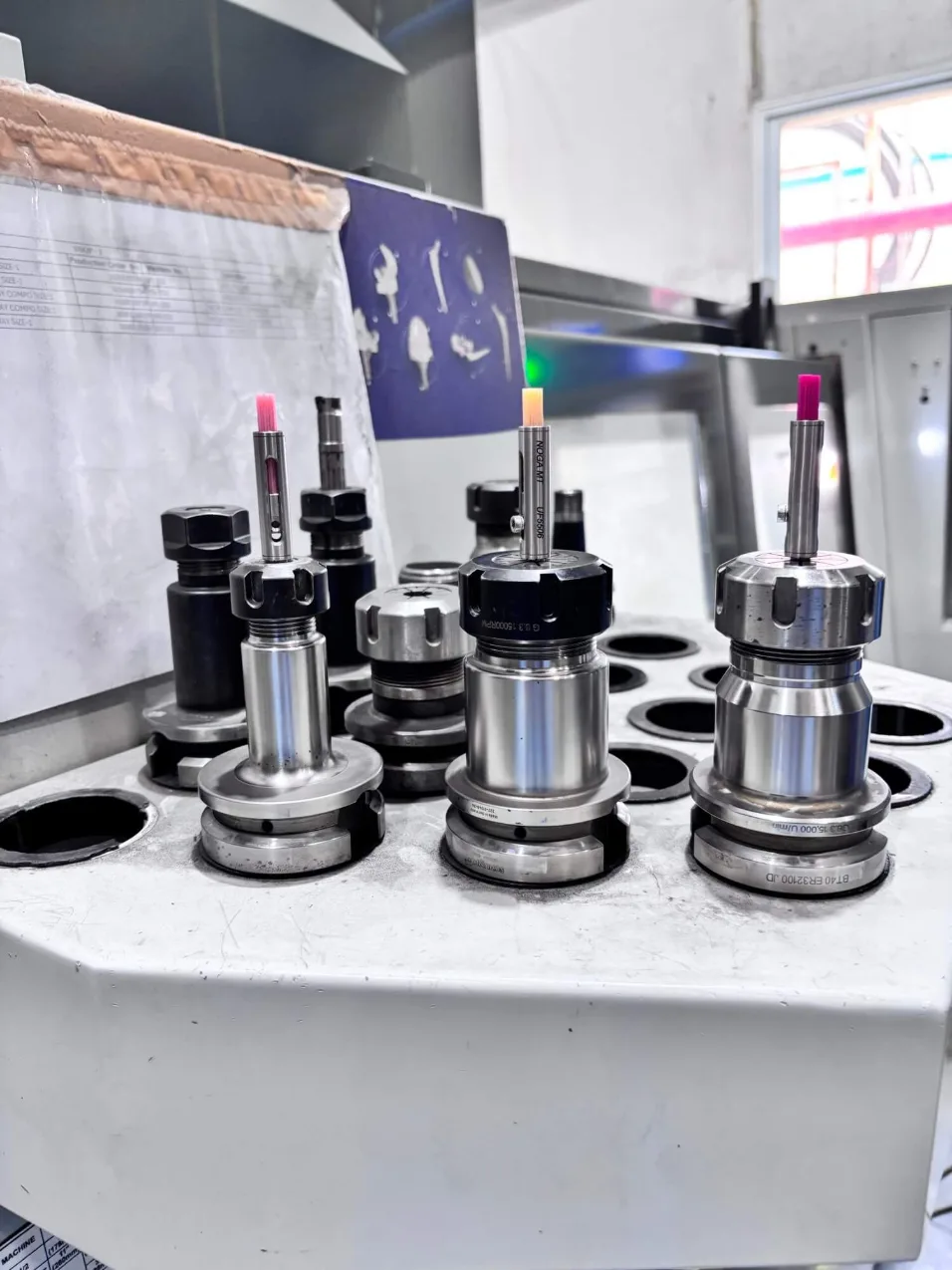 The three UFIBER Ø6 mm surface brushes mounted in tool holders, ready for the polishing sequence