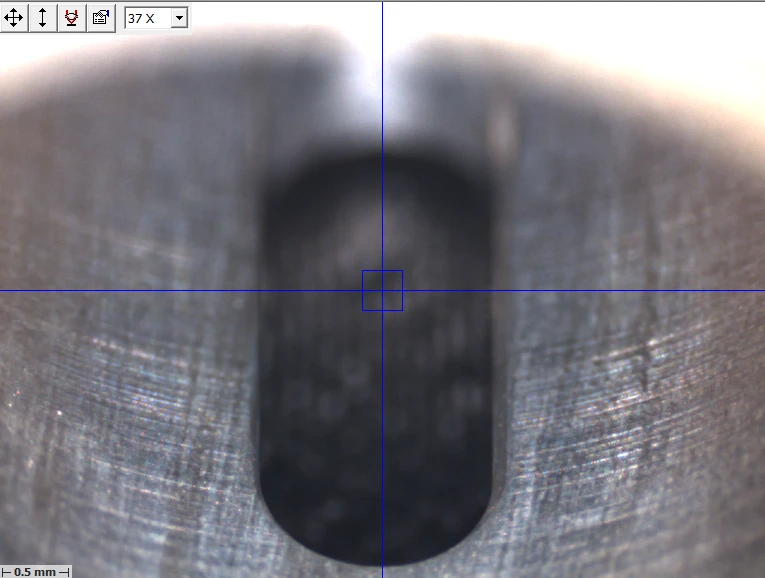 SUS303 medical manifold cross-hole, slot down, after UFIBER deburring, smooth edges