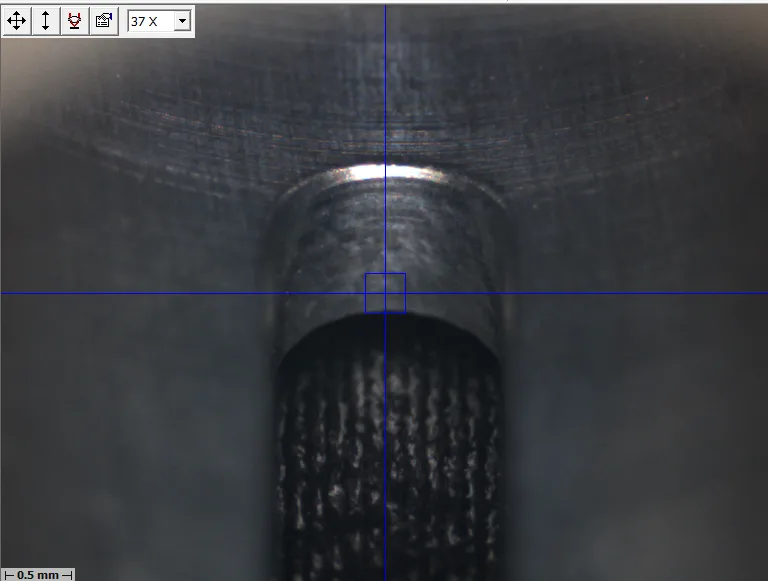 SUS303 medical manifold cross-hole, slot up, after UFIBER deburring, smooth edges